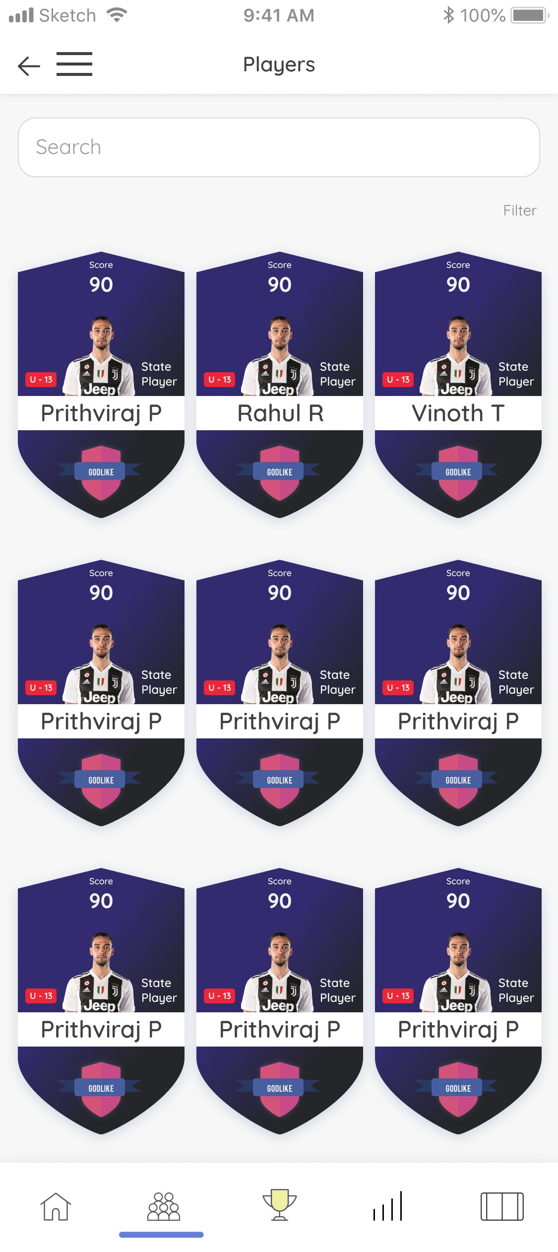 The roster as a wall of player cards