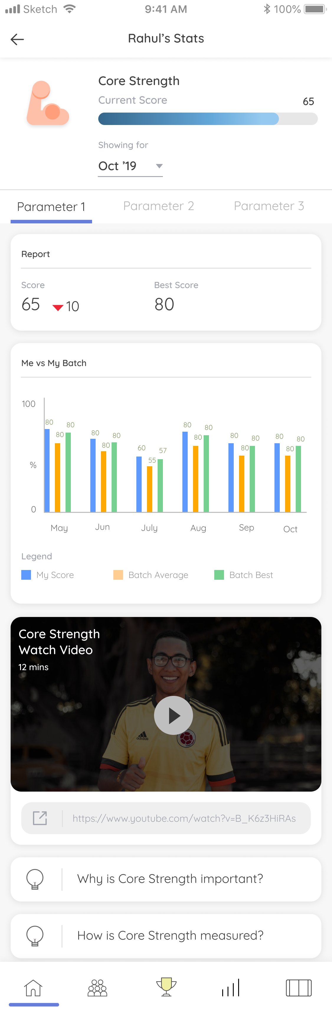 Stat detail shipped — progress over time, me-vs-batch, and a how-to-improve video