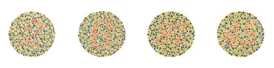 Four Ishihara colour-vision test plates, each a circle of coloured dots containing a hidden number.